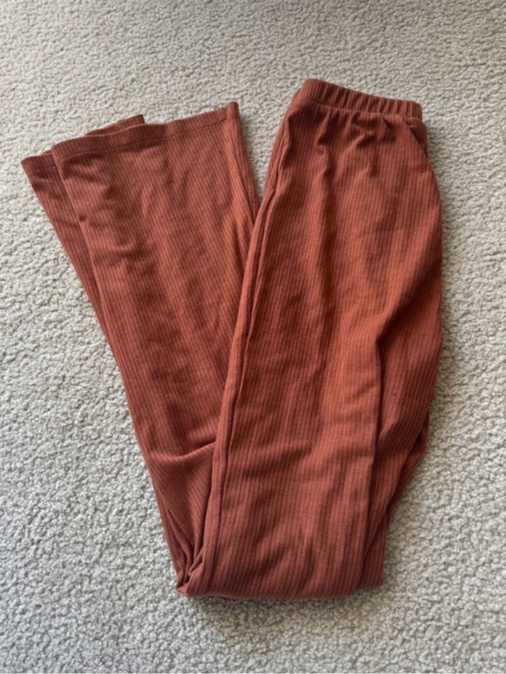 Ribbed Wide-Leg Knit Pants in Burnt Orange y2k flare